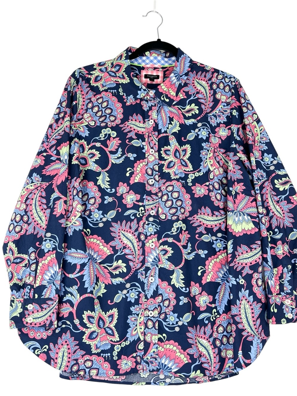 Talbots Floral Long Sleeve Top plus 2X Navy Blue Coral Pink Button Up Cotton